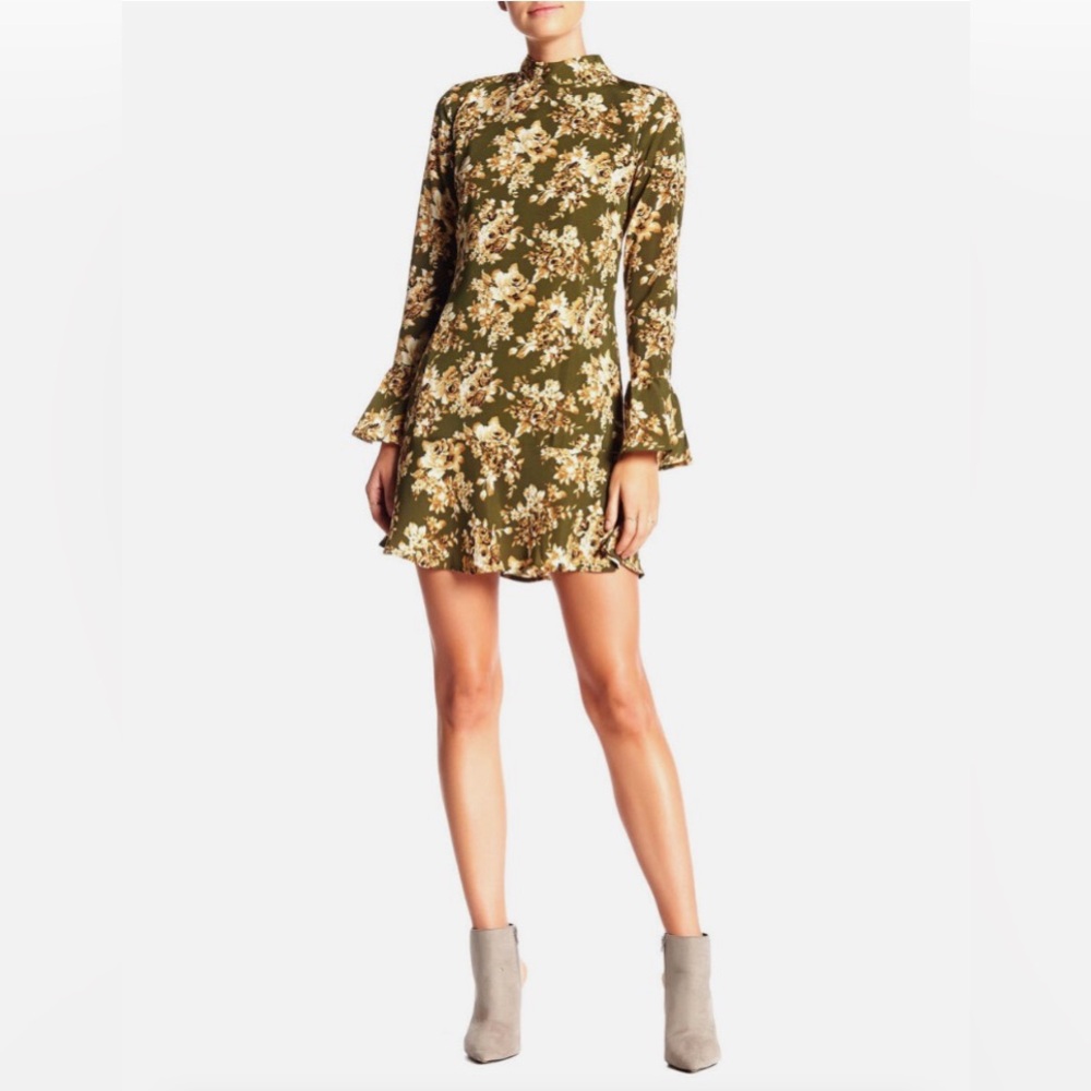 Romeo & Juliet Couture Retro 60s Bell Sleeve Olive Green Floral Mini Dress Small